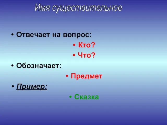 Отвечает на вопрос: Кто? Что? Обозначает: Предмет Пример: Сказка Имя существительное