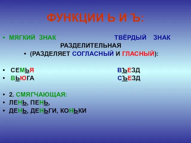 ФУНКЦИИ Ь И Ъ: МЯГКИЙ ЗНАК ТВЁРДЫЙ ЗНАК РАЗДЕЛИТЕЛЬНАЯ (РАЗДЕЛЯЕТ СОГЛАСНЫЙ И