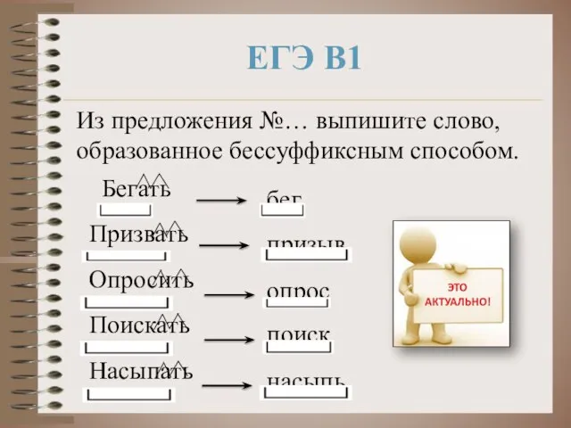 ЕГЭ В1 Из предложения №… выпишите слово, образованное бессуффиксным способом. Бегать Призвать