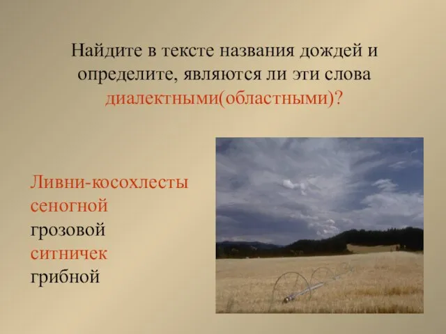 Найдите в тексте названия дождей и определите, являются ли эти слова диалектными(областными)?