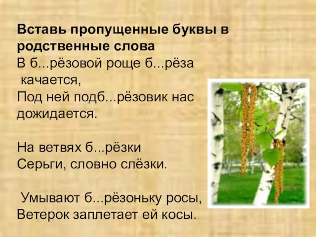 Вставь пропущенные буквы в родственные слова В б...рёзовой роще б...рёза качается, Под