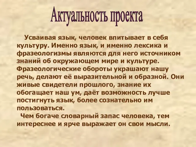 Актуальность проекта Усваивая язык, человек впитывает в себя культуру. Именно язык, и