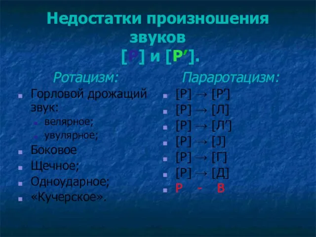 Недостатки произношения звуков [Р] и [Р′]. Ротацизм: Горловой дрожащий звук: велярное; увулярное;