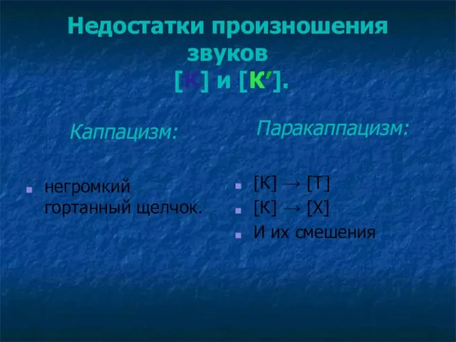 Недостатки произношения звуков [К] и [К′]. Каппацизм: негромкий гортанный щелчок. Паракаппацизм: [К]