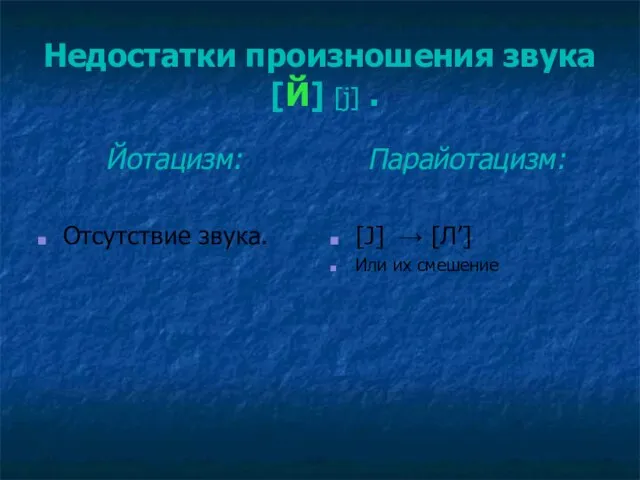 Недостатки произношения звука [Й] [j] . Йотацизм: Отсутствие звука. Парайотацизм: [J] → [Л’] Или их смешение