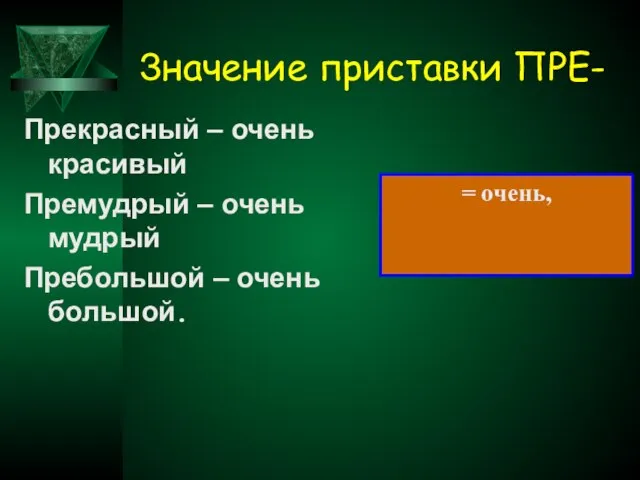 Значение приставки ПРЕ- Прекрасный – очень красивый Премудрый – очень мудрый Пребольшой