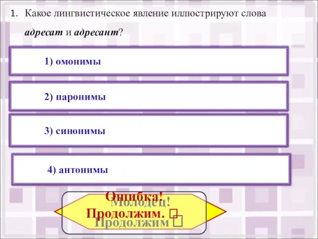 Какое лингвистическое явление иллюстрируют слова адресат и адресант? 2) паронимы 4) антонимы