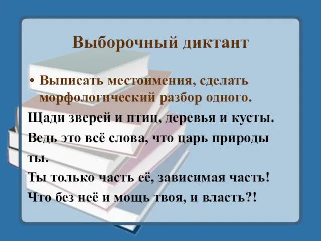 Выборочный диктант Выписать местоимения, сделать морфологический разбор одного. Щади зверей и птиц,