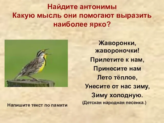 Найдите антонимы Какую мысль они помогают выразить наиболее ярко? Жаворонки, жавороночки! Прилетите