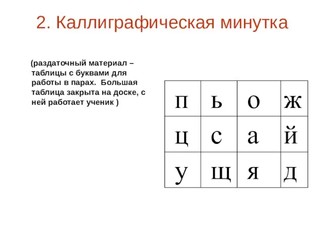 2. Каллиграфическая минутка (раздаточный материал – таблицы с буквами для работы в