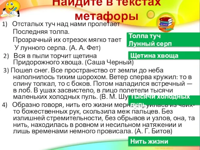 Найдите в текстах метафоры 1) Отсталых туч над нами пролетает Последняя толпа.