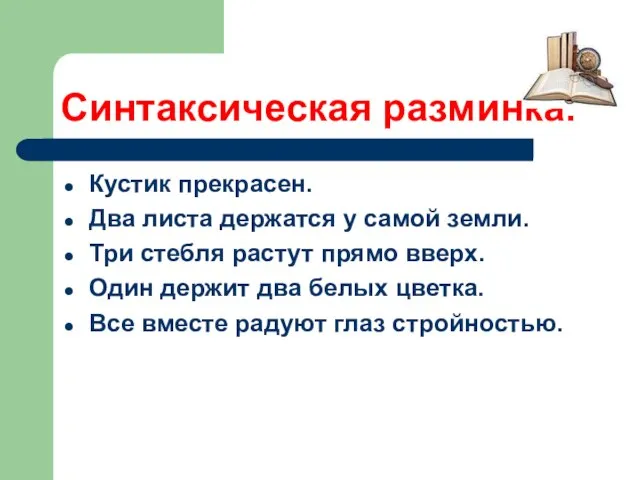 Синтаксическая разминка. Кустик прекрасен. Два листа держатся у самой земли. Три стебля