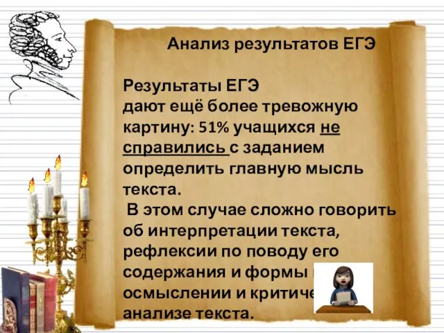 Анализ результатов ЕГЭ Результаты ЕГЭ дают ещё более тревожную картину: 51% учащихся