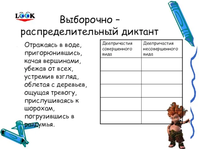 Выборочно – распределительный диктант Отражаясь в воде, пригорюнившись, качая вершинами, убежав от