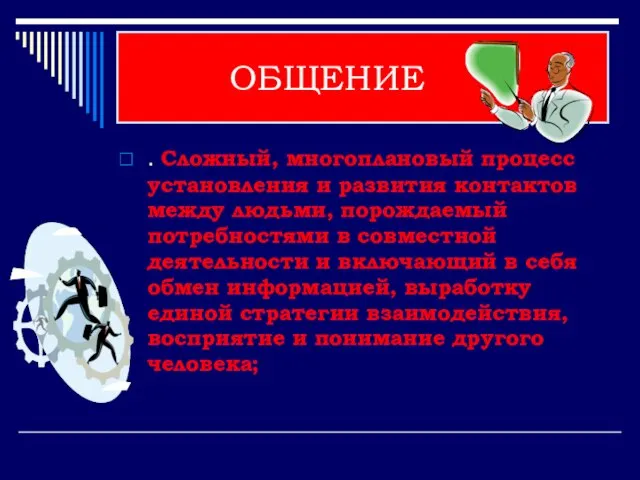 ОБЩЕНИЕ . Сложный, многоплановый процесс установления и развития контактов между людьми, порождаемый