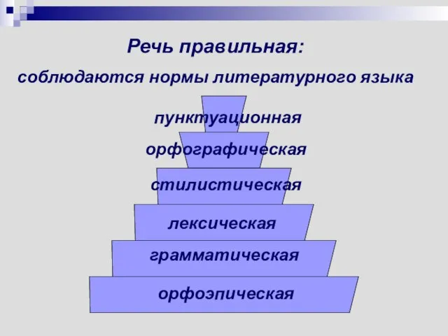 Речь правильная: соблюдаются нормы литературного языка орфоэпическая грамматическая лексическая стилистическая орфографическая пунктуационная