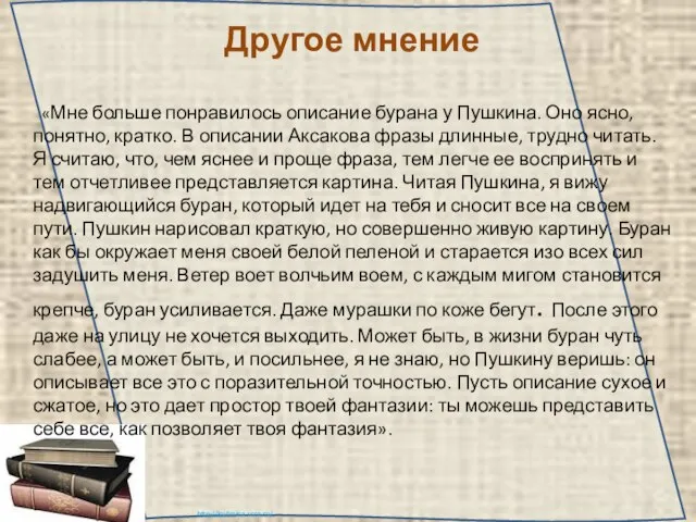 Другое мнение «Мне больше понравилось описание бурана у Пушкина. Оно ясно, понятно,