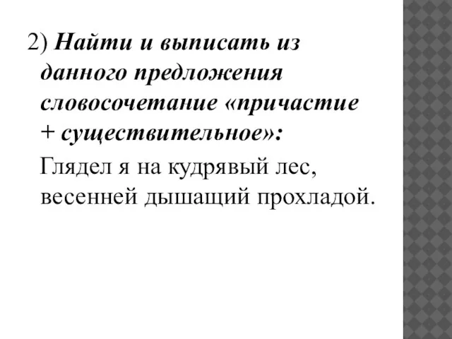 2) Найти и выписать из данного предложения словосочетание «причастие + существительное»: Глядел