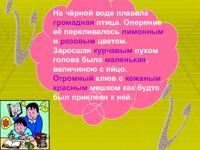 На чёрной воде плавала громадная птица. Оперение её переливалось лимонным и розовым