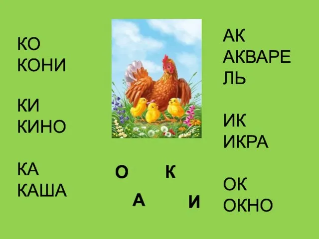 О А И К КО КОНИ КИ КИНО КА КАША АК АКВАРЕЛЬ ИК ИКРА ОК ОКНО