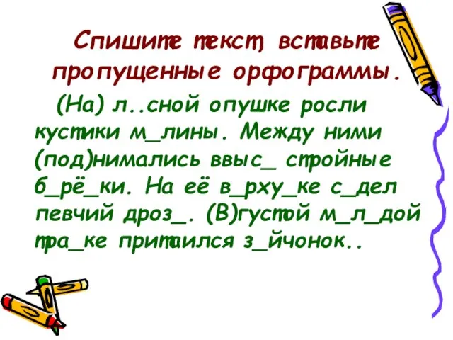 Спишите текст, вставьте пропущенные орфограммы. (На) л..сной опушке росли кустики м_лины. Между