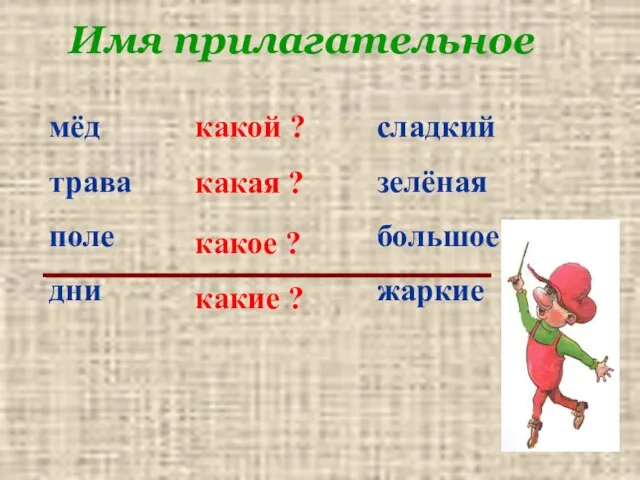 Имя прилагательное мёд трава поле дни сладкий зелёная большое жаркие какой ?