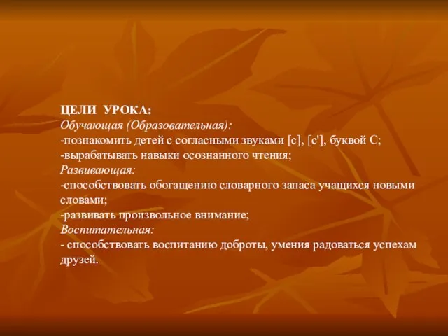 ЦЕЛИ УРОКА: Обучающая (Образовательная): -познакомить детей с согласными звуками [c], [c'], буквой