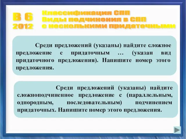 В 6 Классификация СПП Виды подчинения в СПП с несколькими придаточными 2012