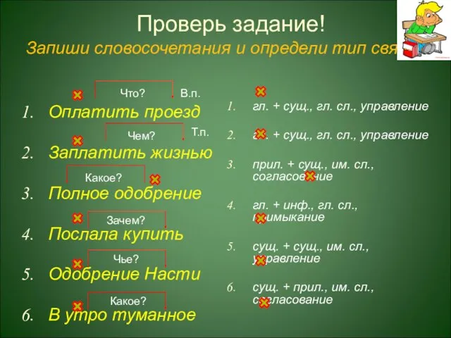 Запиши словосочетания и определи тип связи Проверь задание! Оплатить проезд Заплатить жизнью