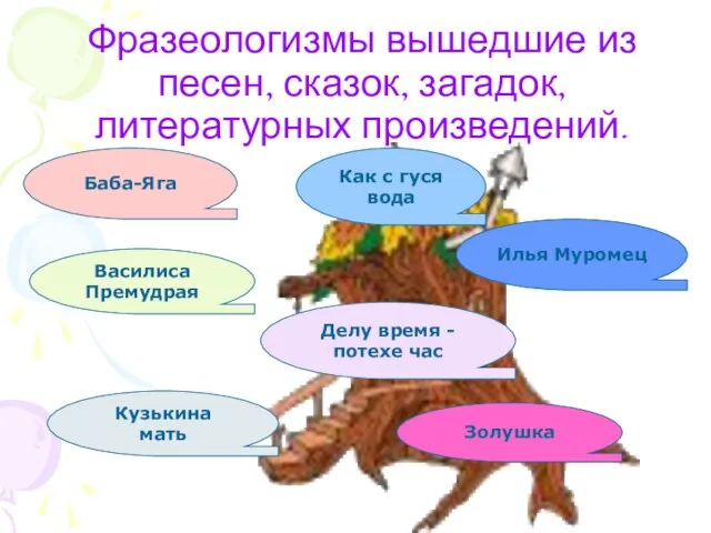 Фразеологизмы вышедшие из песен, сказок, загадок, литературных произведений. Баба-Яга Василиса Премудрая Как