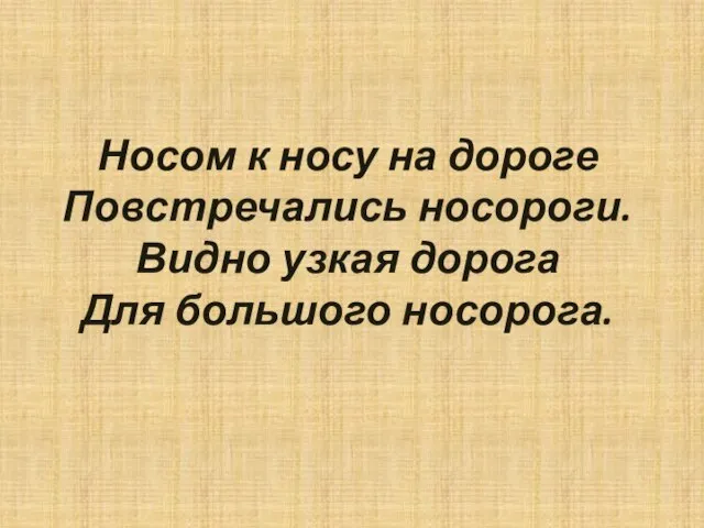 Носом к носу на дороге Повстречались носороги. Видно узкая дорога Для большого носорога.