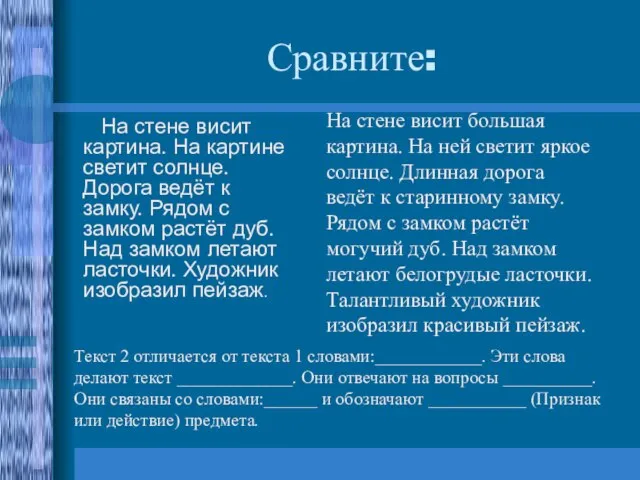 Сравните: На стене висит картина. На картине светит солнце. Дорога ведёт к