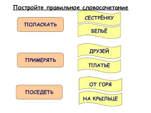 Постройте правильное словосочетание ПОЛАСКАТЬ ПРИМЕРЯТЬ ПОСЕДЕТЬ СЕСТРЁНКУ БЕЛЬЁ ДРУЗЕЙ ПЛАТЬЕ ОТ ГОРЯ НА КРЫЛЬЦЕ