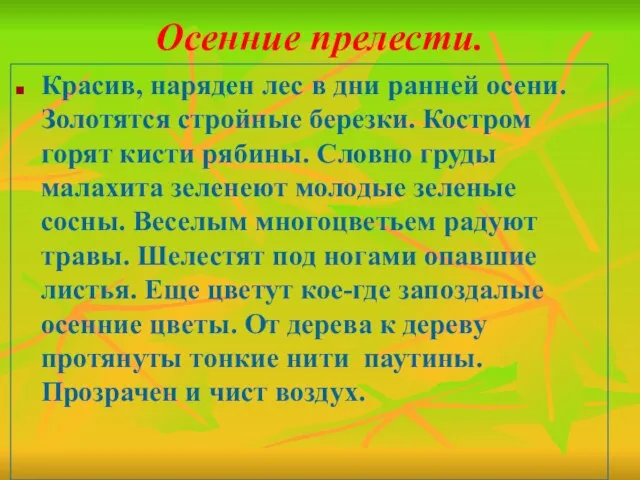 Осенние прелести. Красив, наряден лес в дни ранней осени. Золотятся стройные березки.