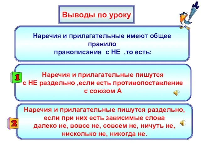 Наречия и прилагательные имеют общее правило правописания с НЕ ,то есть: Выводы