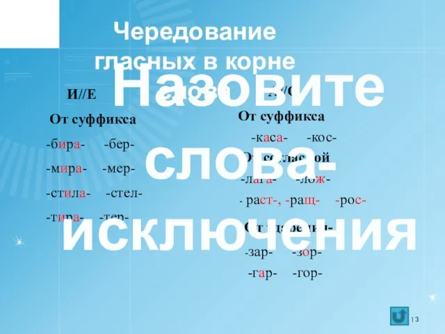 Чередование гласных в корне слова -бира- -бер- И//Е -мира- -мер- А//О -каса-