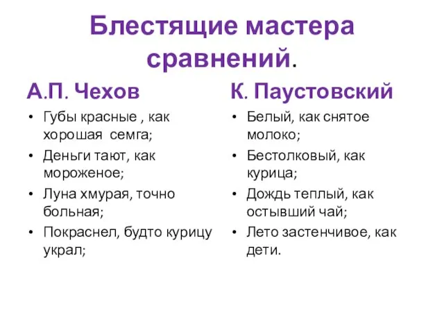 Блестящие мастера сравнений. А.П. Чехов Губы красные , как хорошая семга; Деньги