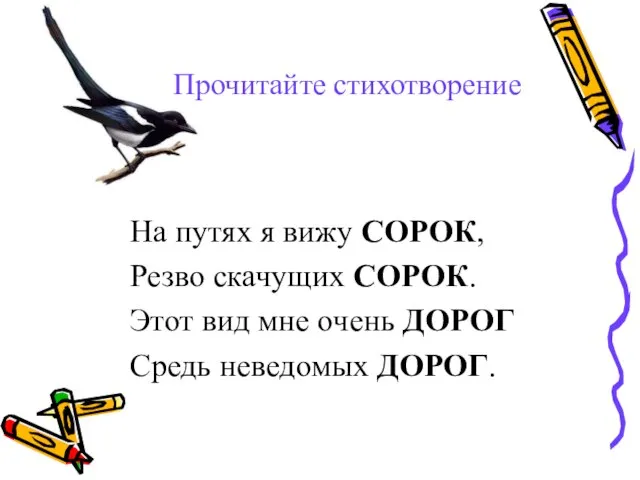 Прочитайте стихотворение На путях я вижу СОРОК, Резво скачущих СОРОК. Этот вид