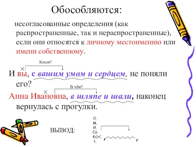 Обособляются: несогласованные определения (как распространенные, так и нераспространенные), если они относятся к