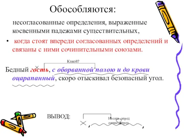 несогласованные определения, выраженные косвенными падежами существительных, когда стоят впереди согласованных определений и