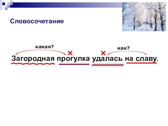 Словосочетание Загородная прогулка удалась на славу. какая? как?