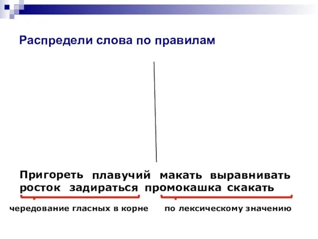 Распредели слова по правилам Пригореть плавучий макать выравнивать росток задираться промокашка скакать