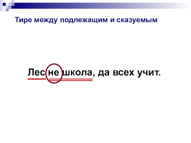 Тире между подлежащим и сказуемым Лес не школа, да всех учит.