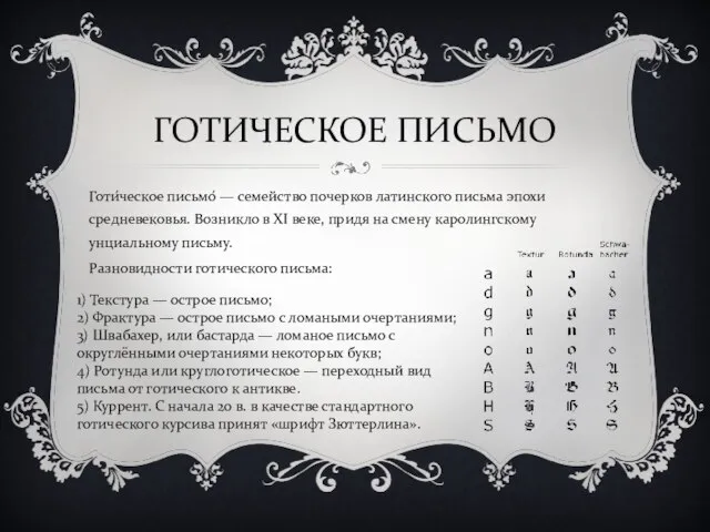 ГОТИЧЕСКОЕ ПИСЬМО Готи́ческое письмо́ — семейство почерков латинского письма эпохи средневековья. Возникло