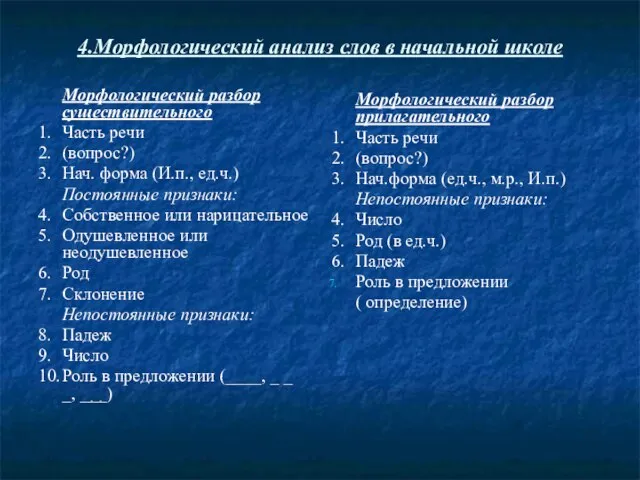 4.Морфологический анализ слов в начальной школе Морфологический разбор существительного 1. Часть речи