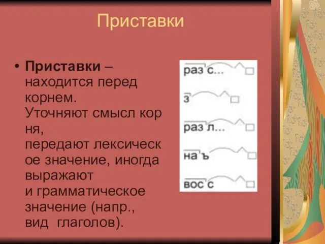 Приставки Приставки – находится перед корнем. Уточняют смысл корня,передают лексическое значение, иногда