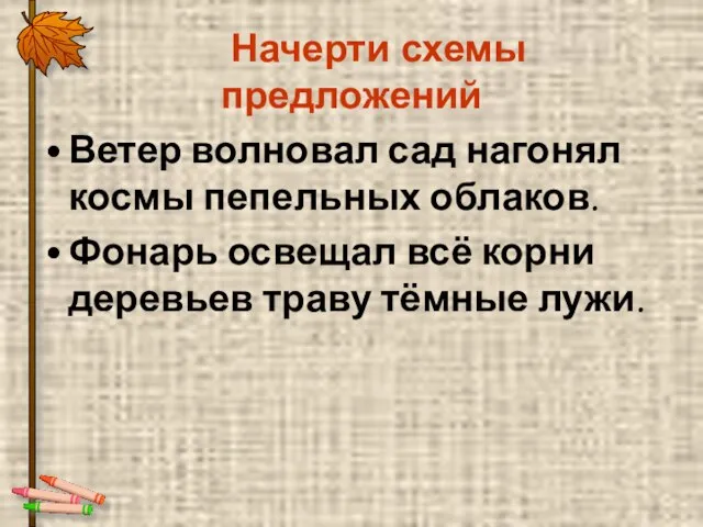 Начерти схемы предложений Ветер волновал сад нагонял космы пепельных облаков. Фонарь освещал