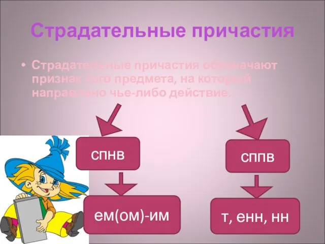 Страдательные причастия Страдательные причастия обозначают признак того предмета, на который направлено чье-либо