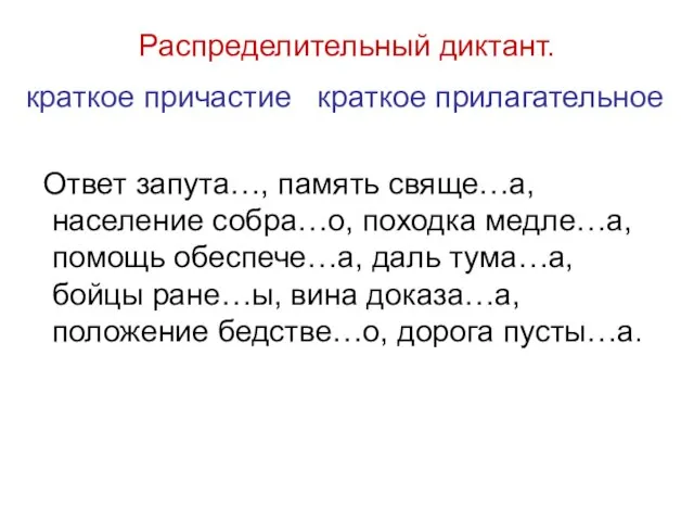 Распределительный диктант. краткое причастие краткое прилагательное Ответ запута…, память свяще…а, население собра…о,