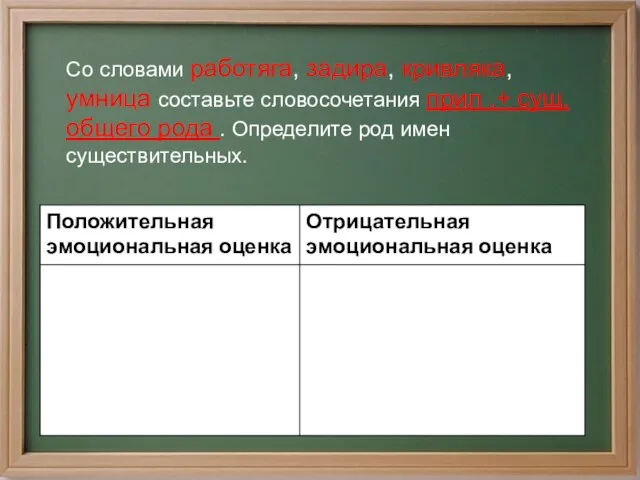 . Со словами работяга, задира, кривляка, умница составьте словосочетания прил .+ сущ.